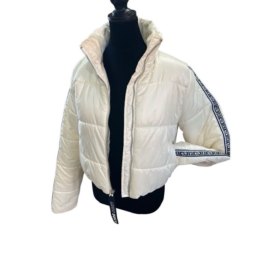 Juicy Couture White Cropped Puffer Ski Jacket Logo Sleeves Women’s S